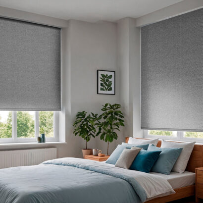 Blue blackout roller blind with pattern prints on windows in stylish modern living room. Shutters on the plastic window.